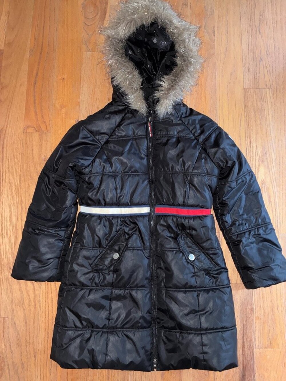 Tommy Hilfiger Girls Long Puffer Coat Faux Fur Hood Sequin Heart Medium 8/10